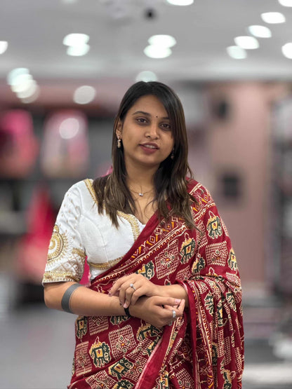 SHAGUN FASHION Traditional Red Ikat Style Saree with Ethnic Motifs | Festive Wear by Shagun Sarees