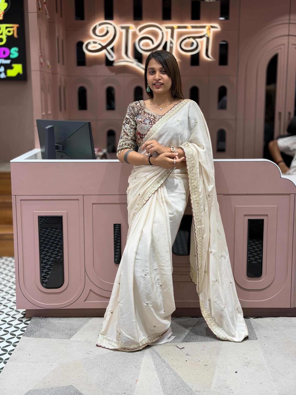 SHAGUN FASHION Off-White Embroidered Saree with Designer Border | Festive & Party Wear by Shagun Sarees