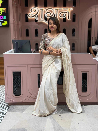 SHAGUN FASHION Off-White Embroidered Saree with Designer Border | Festive & Party Wear by Shagun Sarees