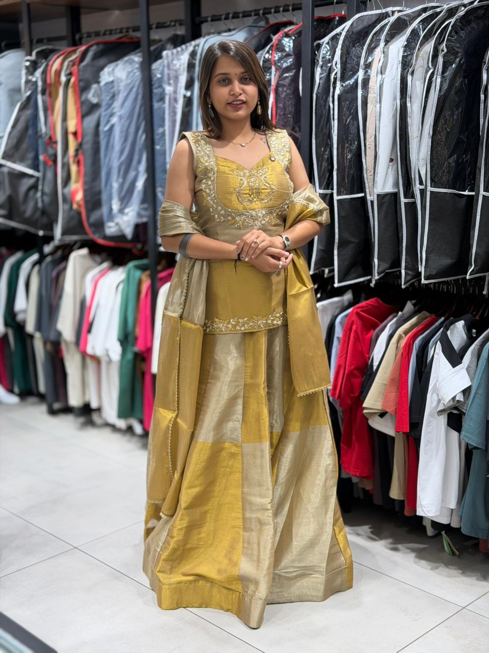 SHAGUN FASHION Golden Zari Embroidered Kurta Set with Palazzo & Dupatta
