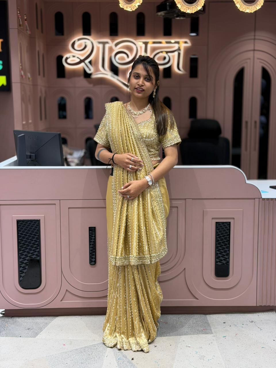 Gold Party Wear Saree with Heavy Embroidery | Shagun Sarees Collection