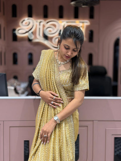 Gold Party Wear Saree with Heavy Embroidery | Shagun Sarees Collection