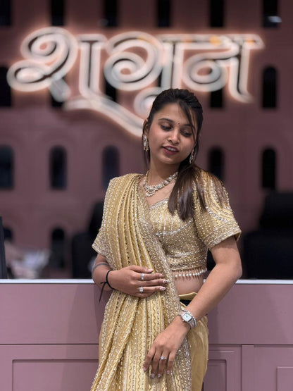 Gold Party Wear Saree with Heavy Embroidery | Shagun Sarees Collection
