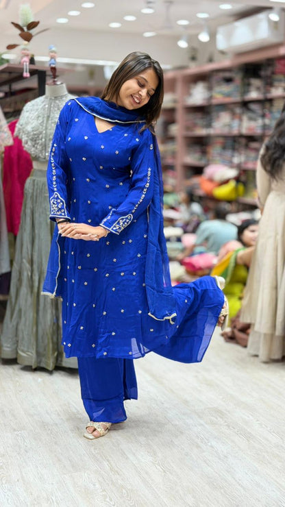 SHAGUN FASHION Royal Blue Embroidered Kurta Palazzo Set with Dupatta – Festive Elegance