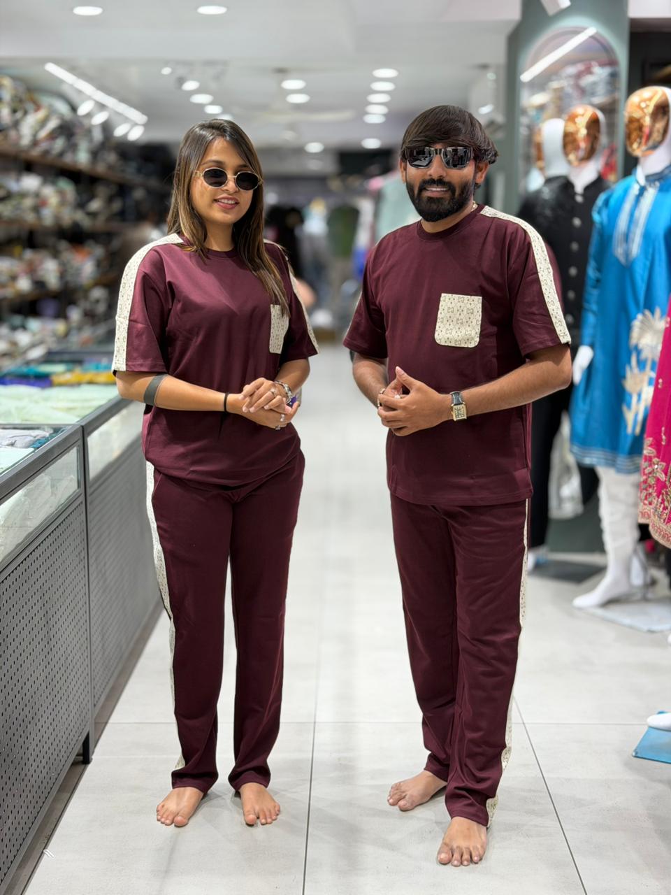 SHAGUN FASHION Couple Matching Combo Set with Printed Pocket & Stripe Detail | Zankhi.in
