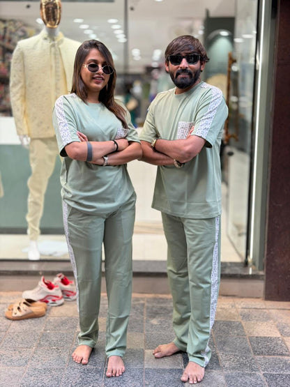 SHAGUN FASHION Couple Matching Combo Set with Printed Pocket & Stripe Detail | Zankhi.in