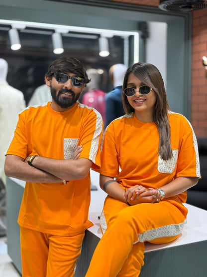 SHAGUN FASHION Couple Matching Combo Set with Printed Pocket & Stripe Detail | Zankhi.in