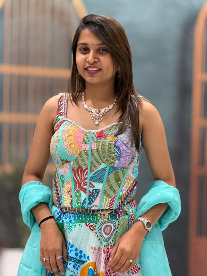 SHAGUN FASHION Multicolor Printed Lehenga Choli with Aqua Dupatta – Festive Designer Wear | Zankhi.in