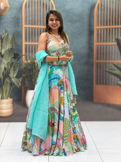 SHAGUN FASHION Multicolor Printed Lehenga Choli with Aqua Dupatta – Festive Designer Wear | Zankhi.in