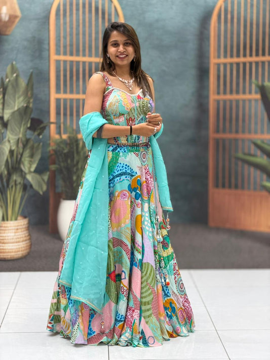 Multicolor Printed Lehenga Choli with Aqua Dupatta – Festive Designer Wear | Zankhi.in