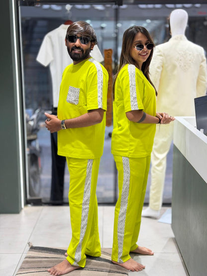 SHAGUN FASHION Couple Matching Combo Set with Printed Pocket & Stripe Detail | Zankhi.in
