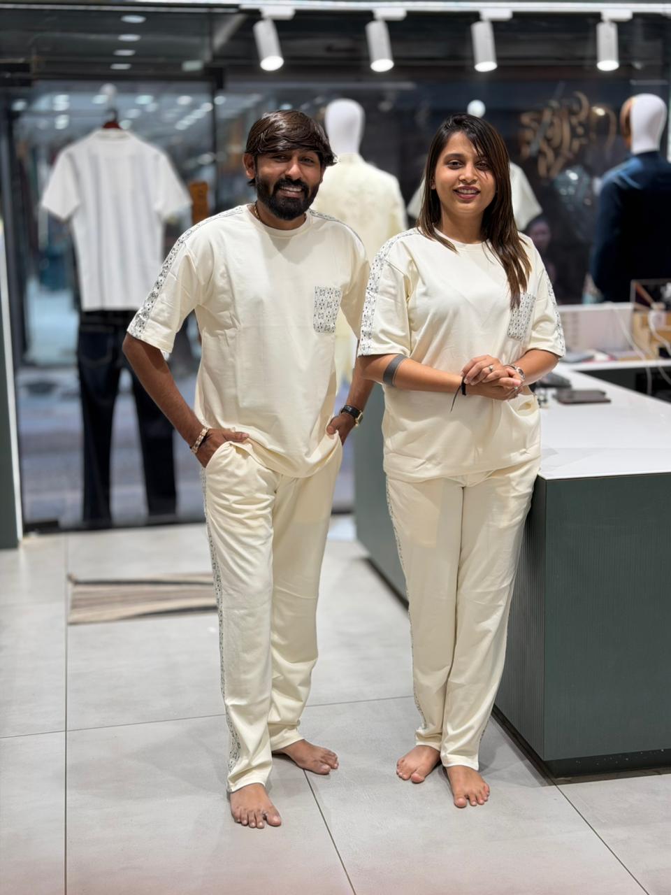SHAGUN FASHION Couple Matching Combo Set with Printed Pocket & Stripe Detail | Zankhi.in