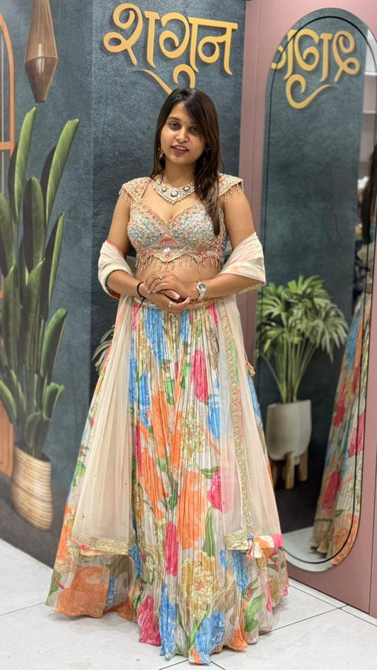 Floral Printed Lehenga Set with Embroidered Blouse & Dupatta