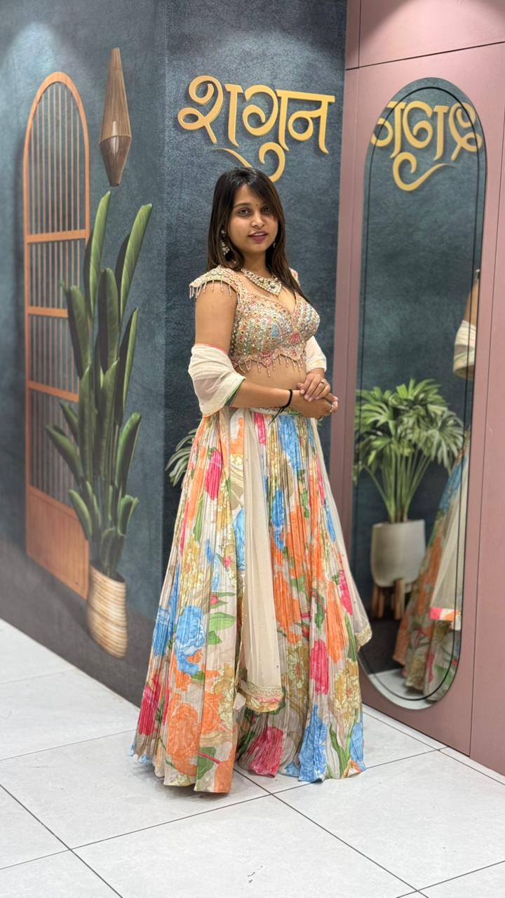 Floral Printed Lehenga Set with Embroidered Blouse & Dupatta