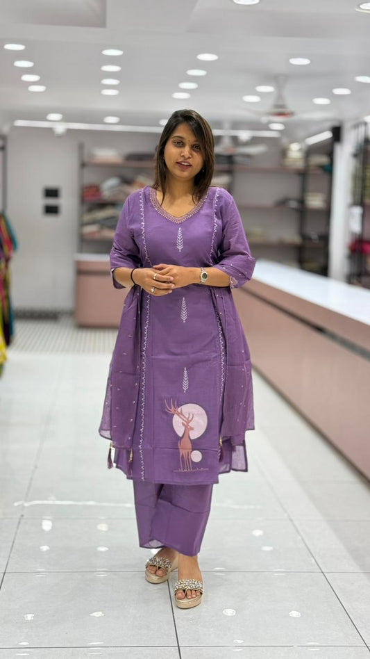 Cotton Kurti Pant Set with Dupatta | Deer Print Ethnic Wear for Women | Casual & Office Wear