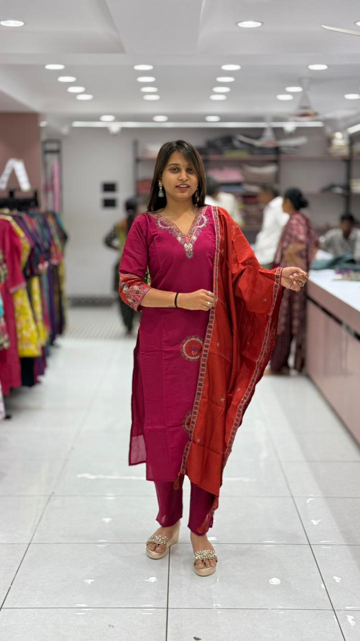 Embroidered Kurti Pant Set with Dupatta | Festive & Office Wear Ethnic Suit for Women