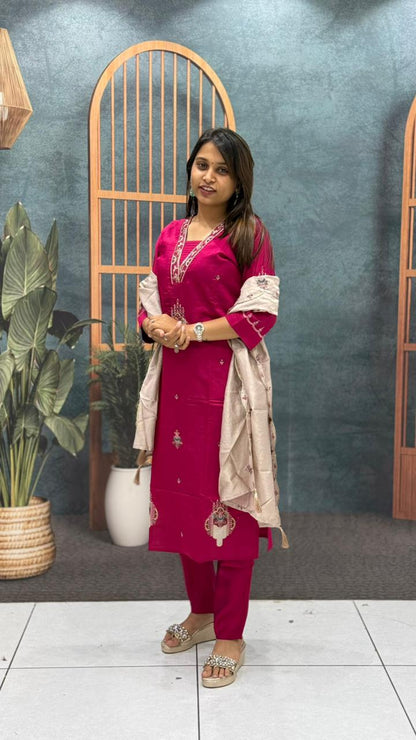 Embroidered Kurti Pant Set with Dupatta | Ethnic Suit for Women | Festive & Office Wear