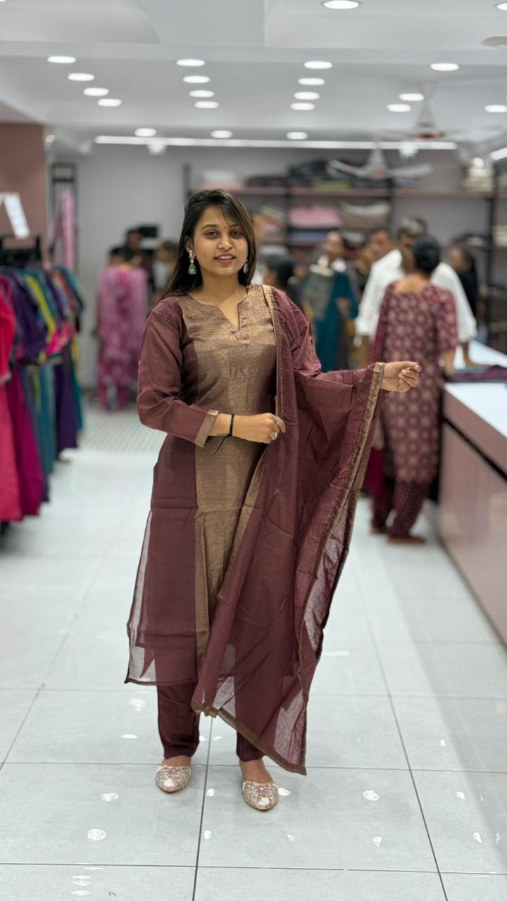 Elegant Silk Blend Kurti Pant Set with Organza Dupatta | Ethnic Wear for Women