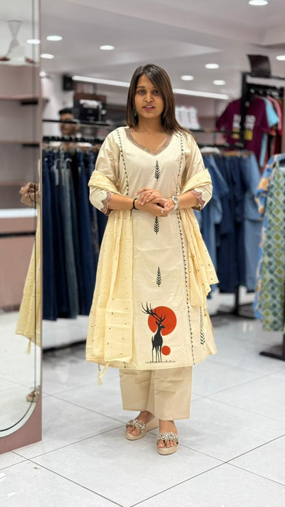 Cotton Kurti Pant Set with Dupatta | Deer Print Ethnic Wear for Women | Casual & Office Wear