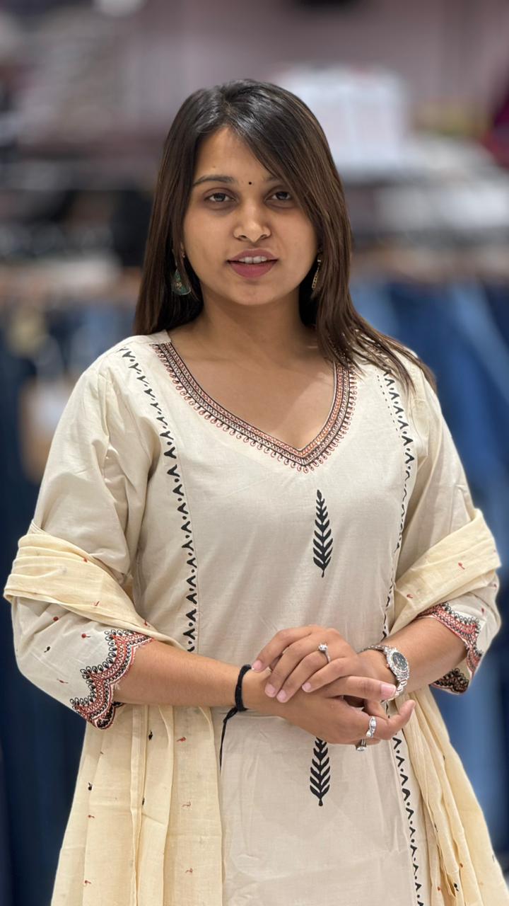Cotton Kurti Pant Set with Dupatta | Deer Print Ethnic Wear for Women | Casual & Office Wear