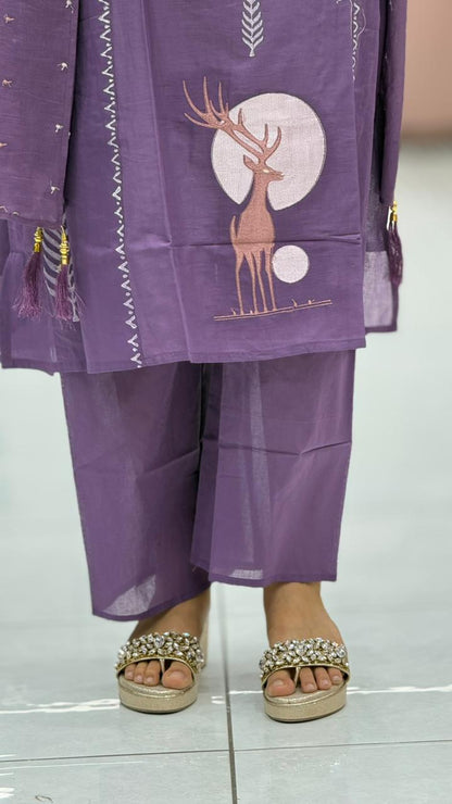 Cotton Kurti Pant Set with Dupatta | Deer Print Ethnic Wear for Women | Casual & Office Wear