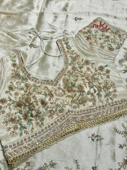 Ivory Organza Silk Saree with Designer Embroidered Blouse & Elephant Border | Shagun Sarees