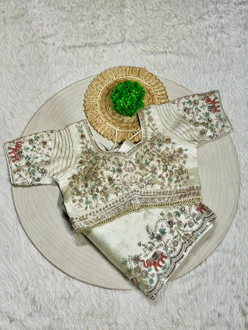 Ivory Organza Silk Saree with Designer Embroidered Blouse & Elephant Border | Shagun Sarees