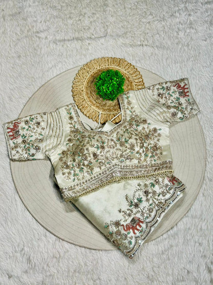 Ivory Organza Silk Saree with Designer Embroidered Blouse & Elephant Border | Shagun Sarees