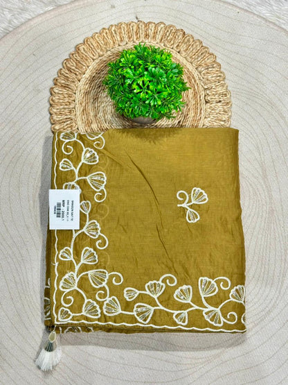 Designer Tissue Silk Embroidered Saree with Floral Border | Lightweight Party Wear Saree by Shagun Sarees