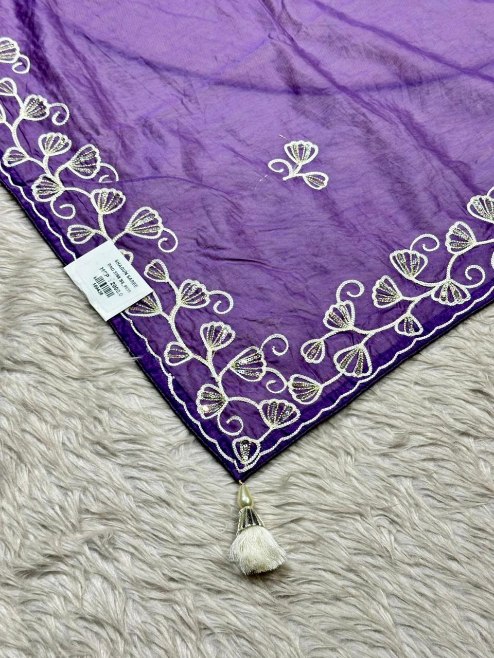 Designer Tissue Silk Embroidered Saree with Floral Border | Lightweight Party Wear Saree by Shagun Sarees
