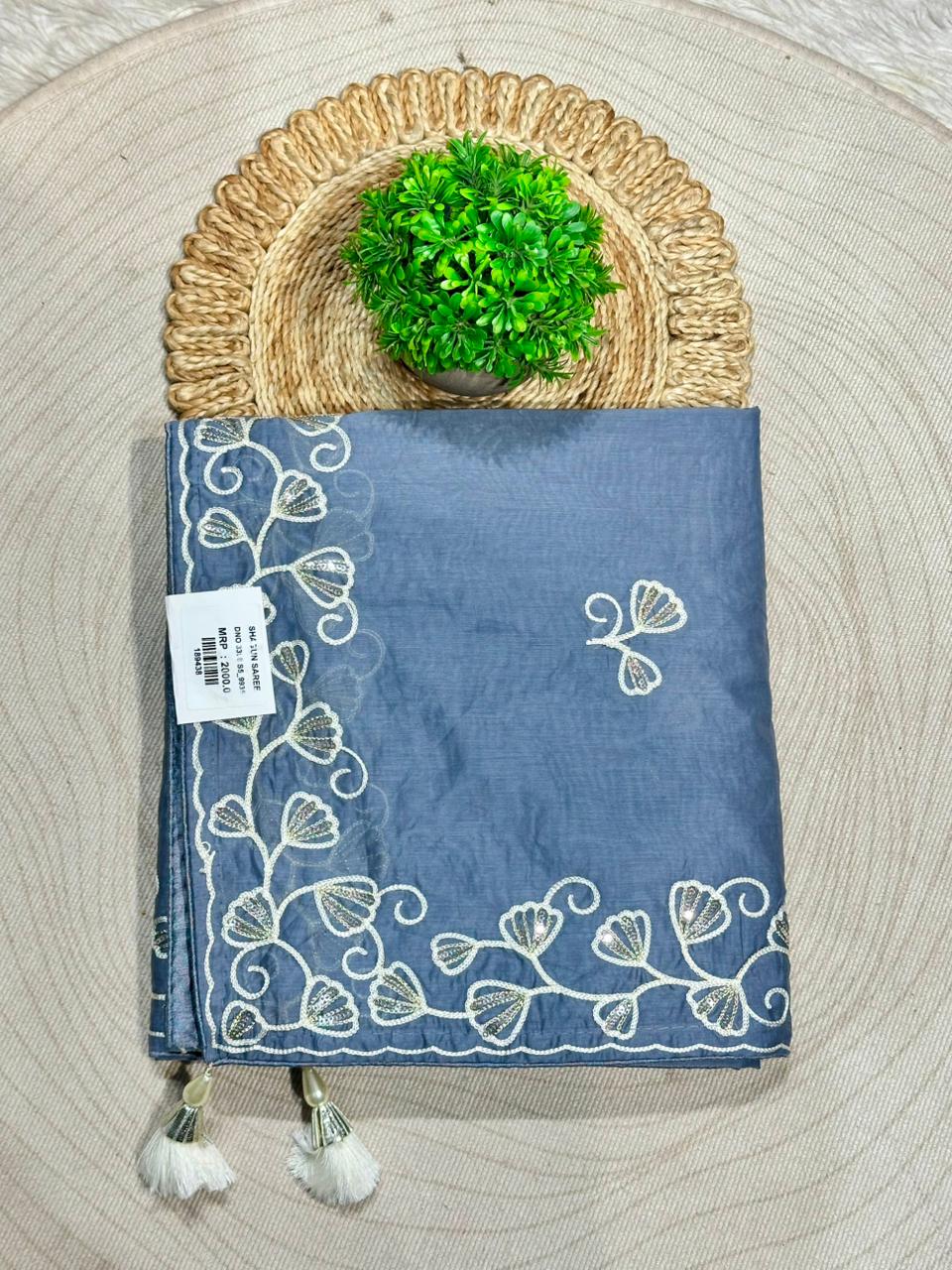 Designer Tissue Silk Embroidered Saree with Floral Border | Lightweight Party Wear Saree by Shagun Sarees