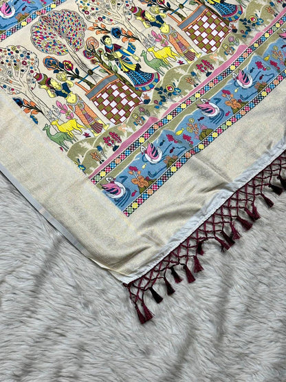 Designer Linen Silk Saree with Kalamkari Print & Tassels | Fancy Printed Saree by Shagun Sarees