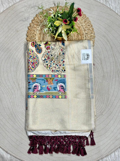 Designer Linen Silk Saree with Kalamkari Print & Tassels | Fancy Printed Saree by Shagun Sarees