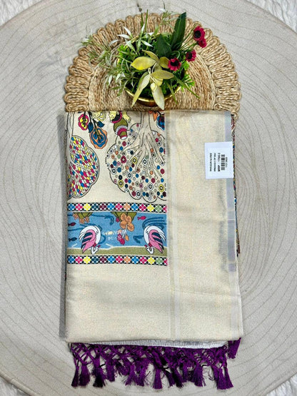 Designer Linen Silk Saree with Kalamkari Print & Tassels | Fancy Printed Saree by Shagun Sarees