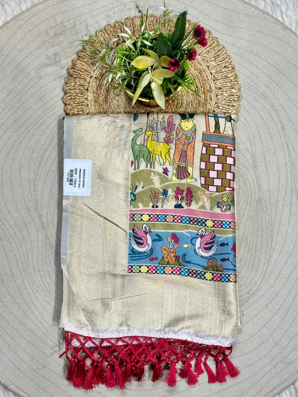 Designer Linen Silk Saree with Kalamkari Print & Tassels | Fancy Printed Saree by Shagun Sarees
