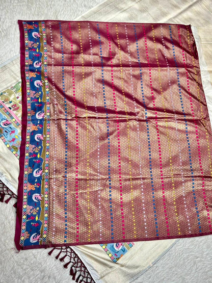 Designer Linen Silk Saree with Kalamkari Print & Tassels | Fancy Printed Saree by Shagun Sarees