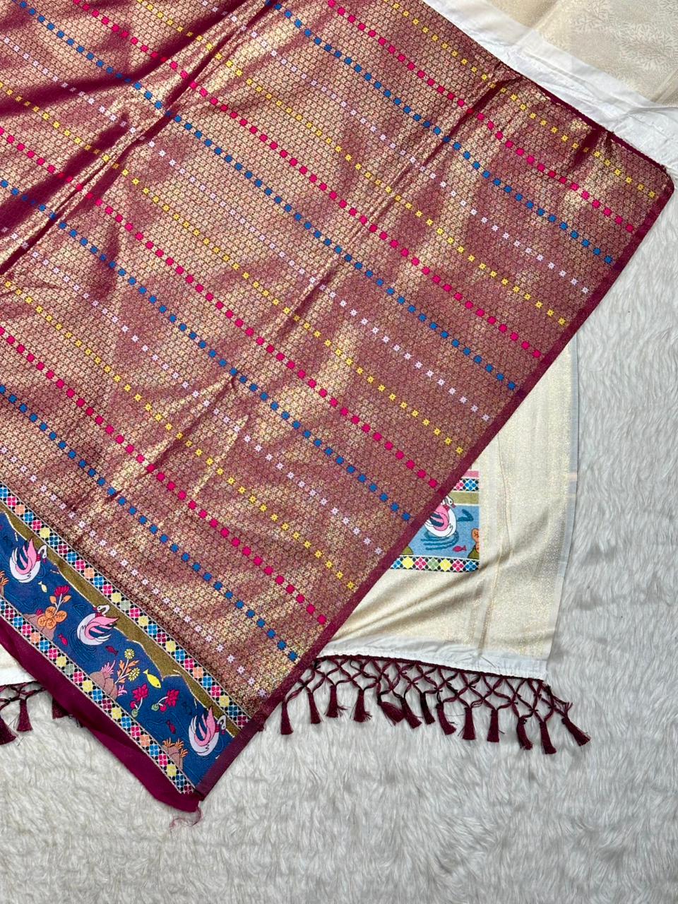 Designer Linen Silk Saree with Kalamkari Print & Tassels | Fancy Printed Saree by Shagun Sarees