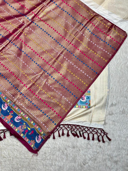 Designer Linen Silk Saree with Kalamkari Print & Tassels | Fancy Printed Saree by Shagun Sarees