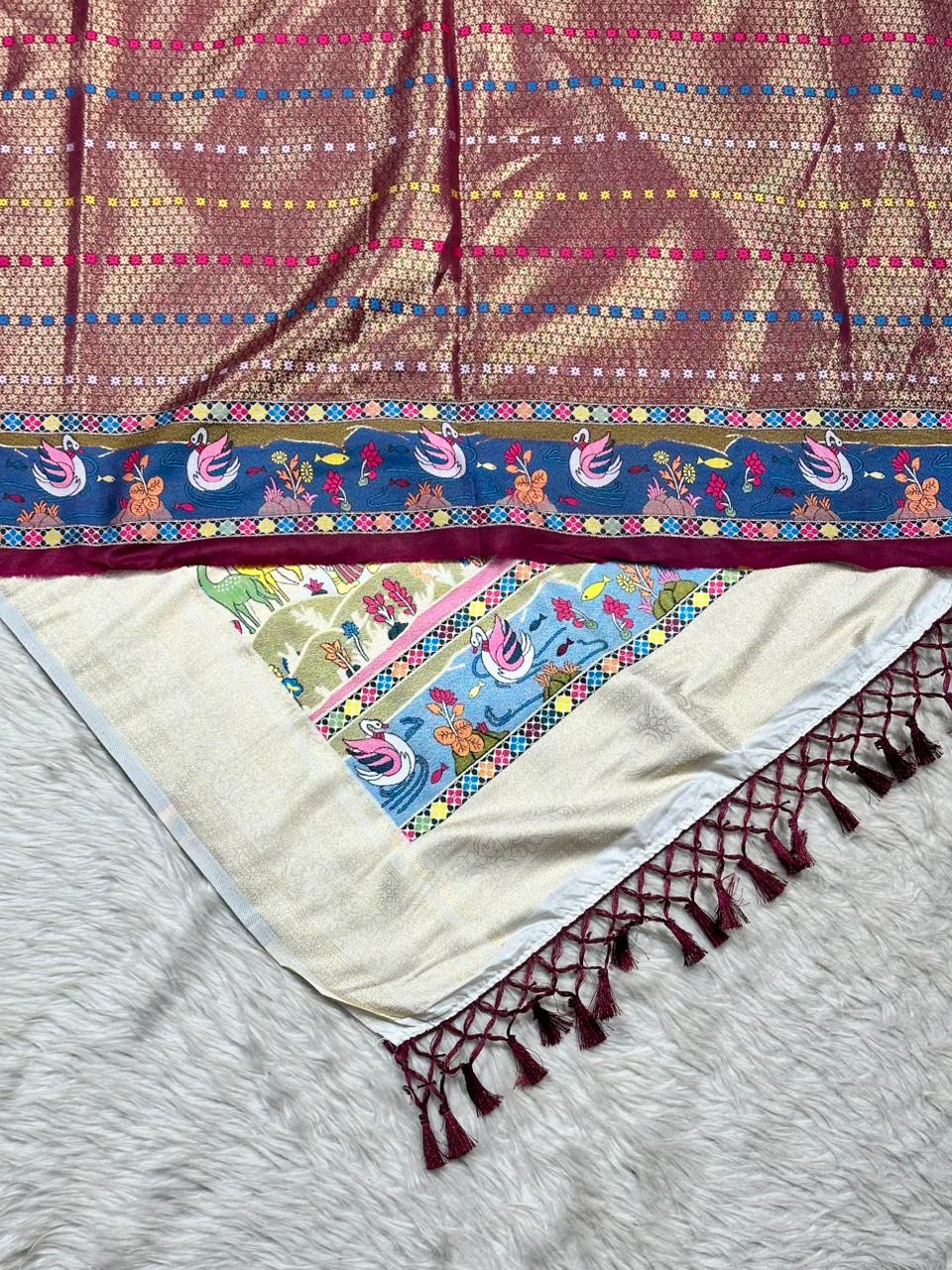 Designer Linen Silk Saree with Kalamkari Print & Tassels | Fancy Printed Saree by Shagun Sarees