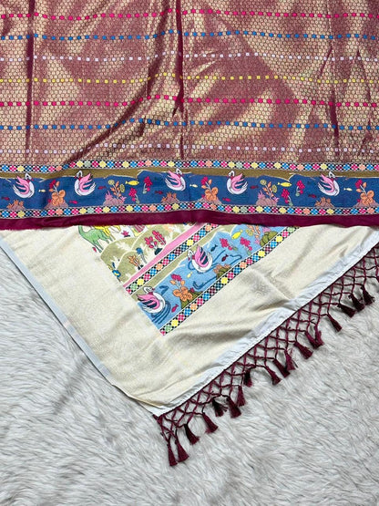 Designer Linen Silk Saree with Kalamkari Print & Tassels | Fancy Printed Saree by Shagun Sarees