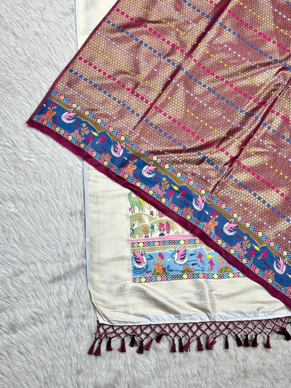 Designer Linen Silk Saree with Kalamkari Print & Tassels | Fancy Printed Saree by Shagun Sarees