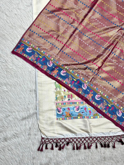 Designer Linen Silk Saree with Kalamkari Print & Tassels | Fancy Printed Saree by Shagun Sarees