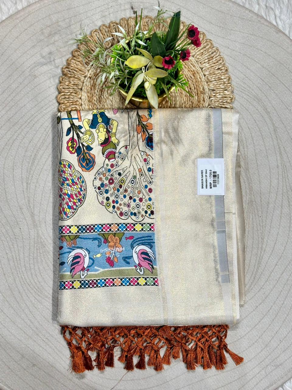 Designer Linen Silk Saree with Kalamkari Print & Tassels | Fancy Printed Saree by Shagun Sarees