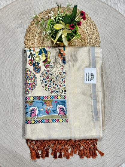 Designer Linen Silk Saree with Kalamkari Print & Tassels | Fancy Printed Saree by Shagun Sarees