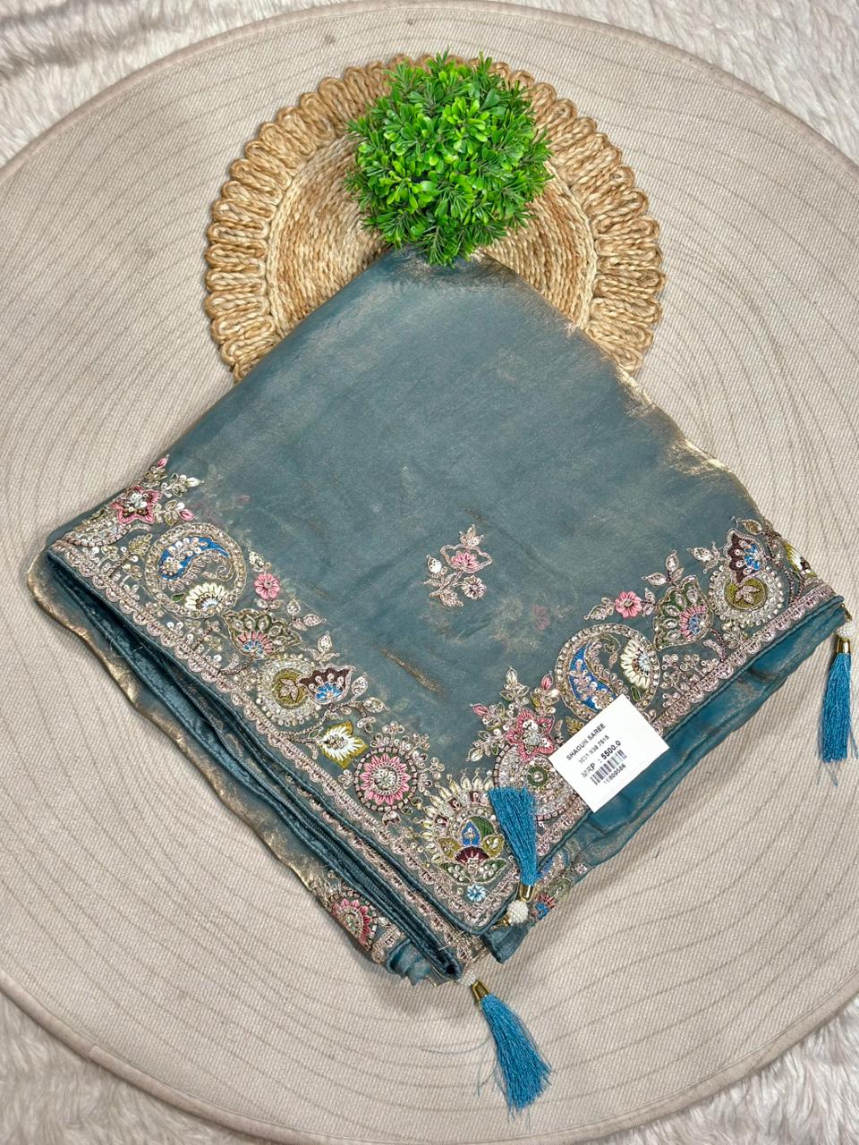 Designer Organza Silk Saree with Embroidered Border & Tassels | Shagun Sarees Collection