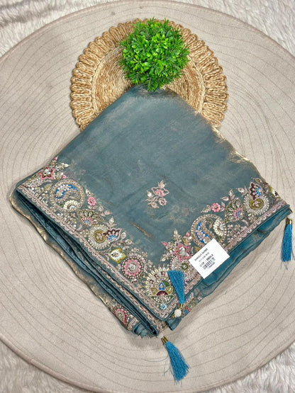 Designer Organza Silk Saree with Embroidered Border & Tassels | Shagun Sarees Collection