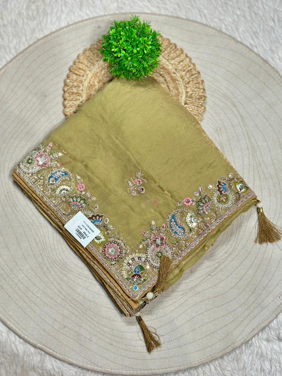 Designer Organza Silk Saree with Embroidered Border & Tassels | Shagun Sarees Collection