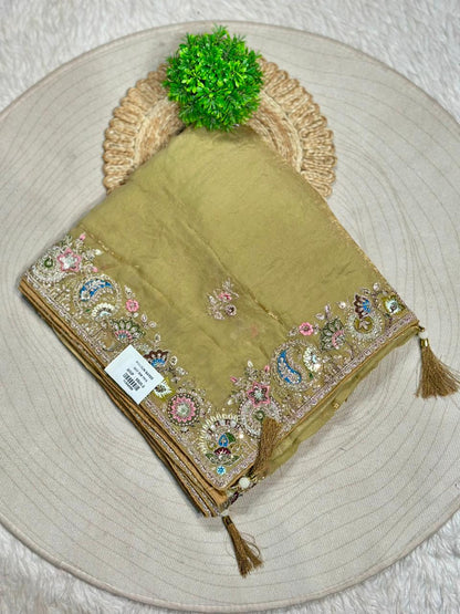 Designer Organza Silk Saree with Embroidered Border & Tassels | Shagun Sarees Collection