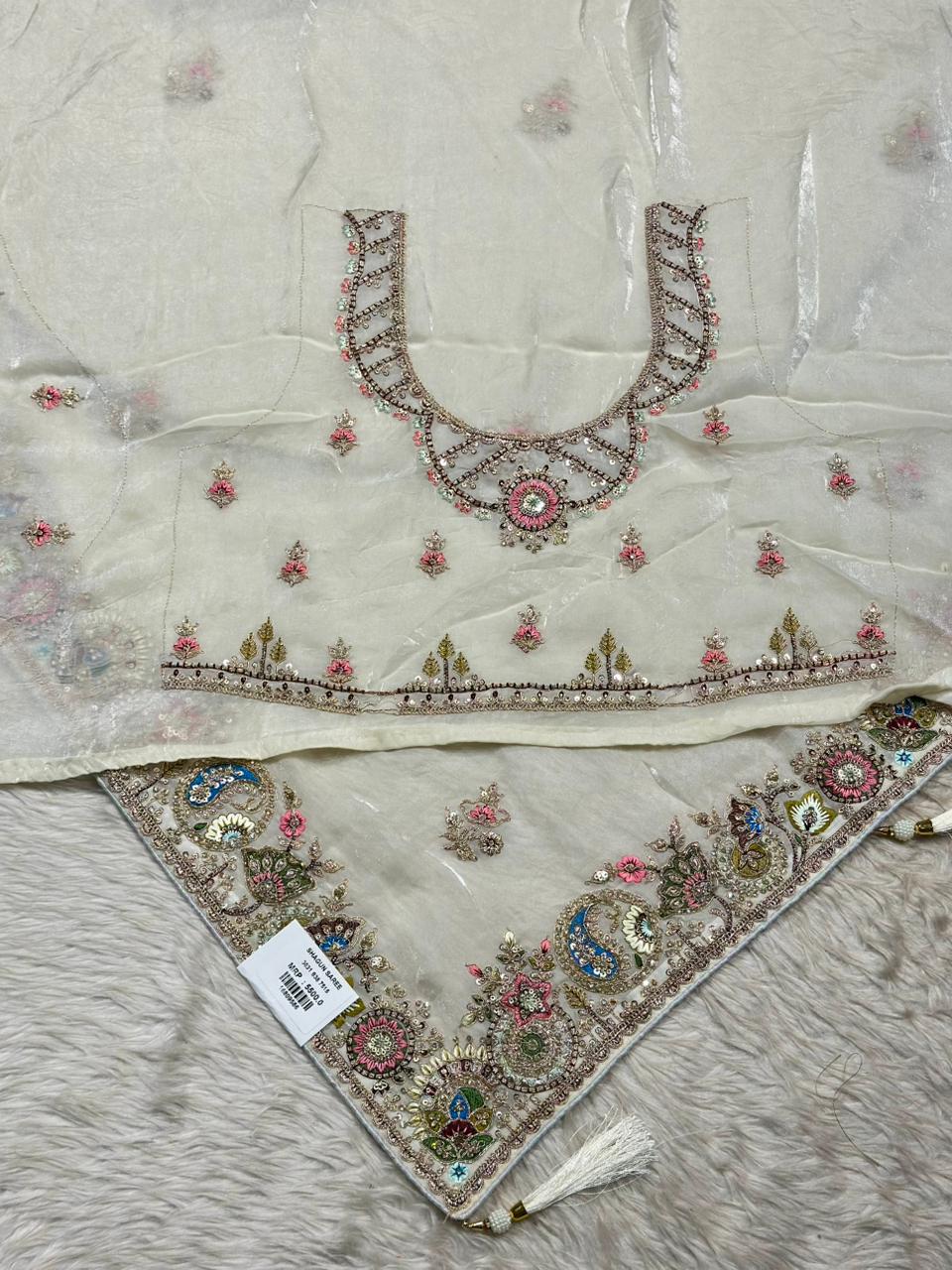 Designer Organza Silk Saree with Embroidered Border & Tassels | Shagun Sarees Collection