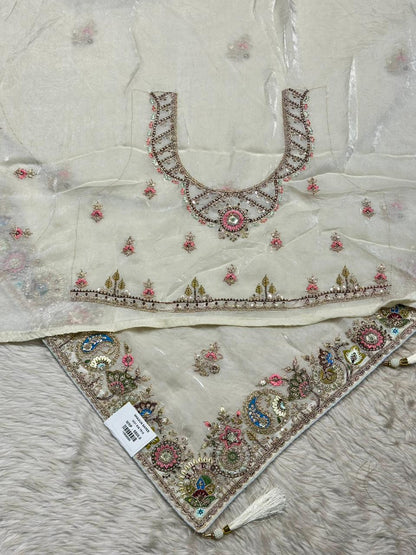 Designer Organza Silk Saree with Embroidered Border & Tassels | Shagun Sarees Collection